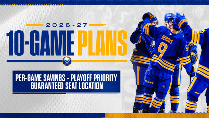 2026-27 10 Game Plans, Per-game savings, playoff priority and guaranteed seat location - Bowen Byram, Owen Power, Josh Doan and Josh Norris pictured