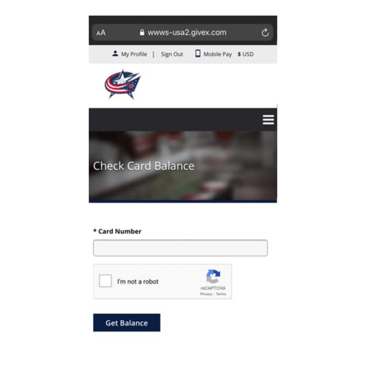 Screenshot of CBJ Rewards page to check rewards card balance. Title on graphic at the top reads Check Card Balance. Field to enter Card Number is below. Blue button reading Get Balance is at the bottom.