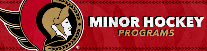 Red background with the words "Minor Hockey Programs" in white and gold beside a large Ottawa Senators logo.