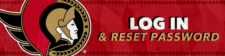 Red background with the words "Log In & Reset Password" in white and gold beside a large Ottawa Senators logo.