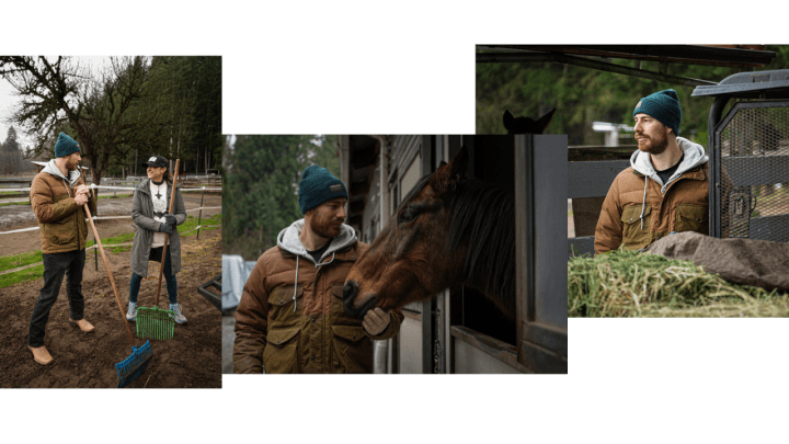 a photo collage of 3 overlapping photos of philipp grubauer standing with a horse and alison lukan on a ranch