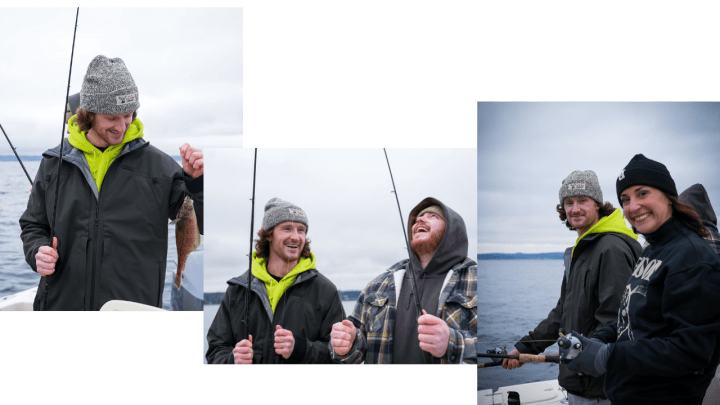 a photo collage of 3 overlapping photos of jared mccann and alison lukan fishing on the water