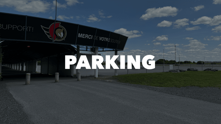 Photo of the Canadian Tire Centre parking lot with the word "Parking" in bold white letters.