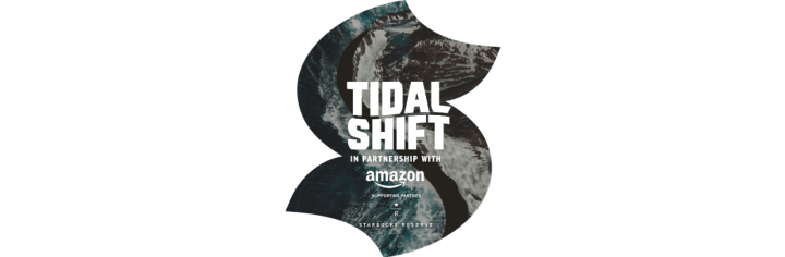 text reads tidal shift in partnership with amazon and starbucks roastery over a kraken "S" logo with waves in the background