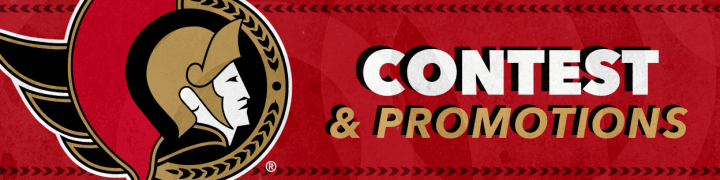 Red background with the words "Contest & Promotions" in white and gold letters beside a large Ottawa Senators logo.