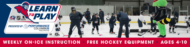 Graphic with Learn To Play, presented by Performance Columbus logo to the left. Photo of Blue Jackets mascot, Stinger, on the ice with a group of children during a Learn To Play clinic. Red ribbon with white text overlay at the bottom of the graphic reads Weekly On-Ice Instruction, Free Hockey Equipment, Ages 4-10.