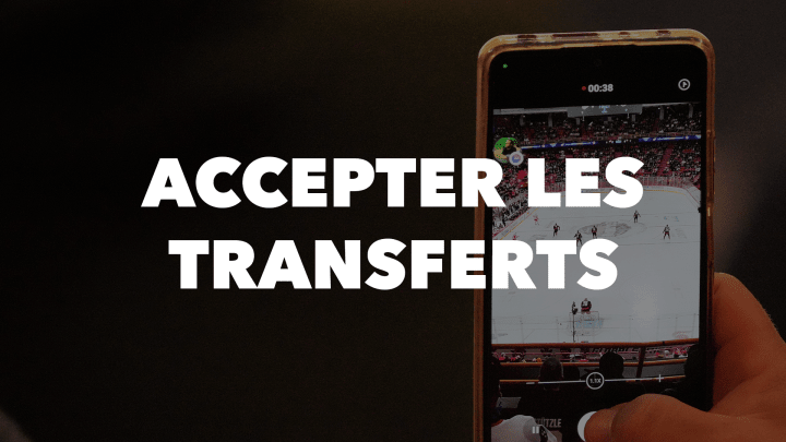 Texte blanc en gras indiquant « accepter les transferts » avec une photo d'un iPhone prenant une vidéo d'une patinoire en arrière-plan