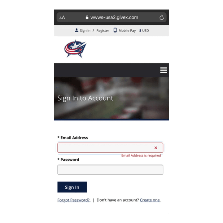 Screenshot of CBJ Rewards login screen. White text on graphic reading Sign In To Account. Fields below for user to enter information include email address and password. Blue button reading Sign In is below.