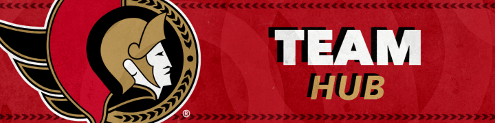 Red background with the words "Team Hub" in white and gold beside a large Ottawa Senators logo.