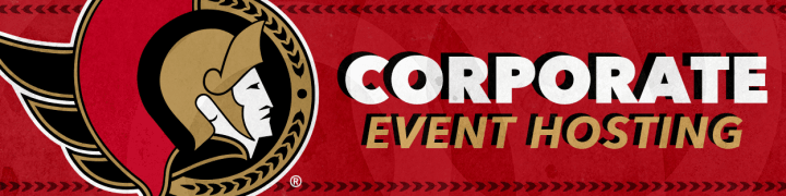 Red background with the words "Corporate Event Hosting" in white and gold beside a large Ottawa Senators logo.