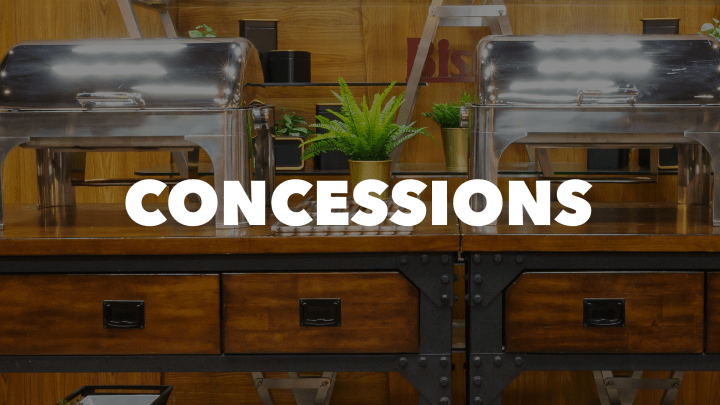 Photo of a buffet display with the word "Concessions" in white letters.