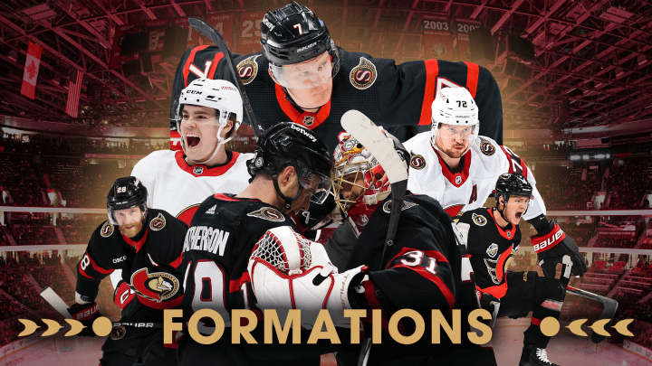 Image de Brady Tkachuk, Ridly Greig, Thomas Chabot, Claude Giroux, Drake Batherson, Anton Forsberg et Tim Stützle au-dessus des mots « Formations » en lettres dorées.