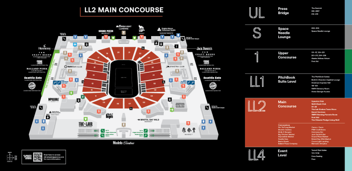 map of climate pledge arena LL2 Main Concourse highlighting food and beverage options