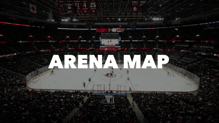 Wide shot of a hockey game taking place at the Canadian Tire Centre with the words "Arena Map" in bold, white letters.