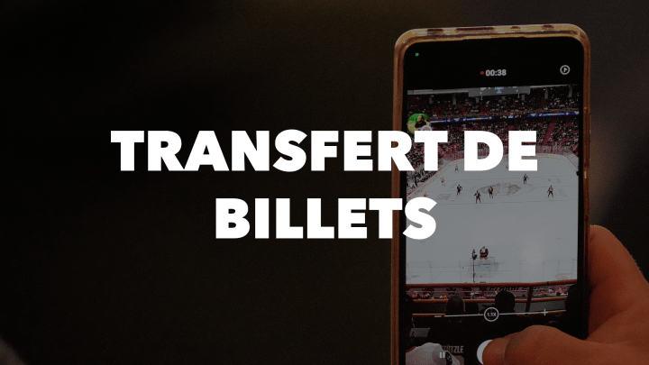 Texte blanc en gras indiquant "Transfert de billets" avec une photo d'un iPhone prenant une vidéo d'une patinoire en arrière-plan.