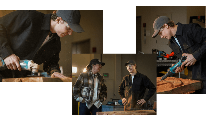 a three photo of collage of yanni gourde woodworking with tools. the center photo is yanni gourde and alison lukan standing with smiles on their face