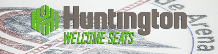 Header with Huntington Welcome Seats logo on top of photo of the center ice logo at Nationwide Arena.