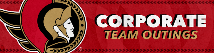 Red background with the words "Corporate team outings" in white and gold beside a large Ottawa Senators logo.