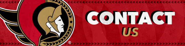 Red background with the words "Contact Us" in white and gold beside a large Ottawa Senators logo.