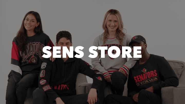 Photo of two young men and two young women wearing Ottawa Senators merchandise with the words "Sens Store" in white letters.