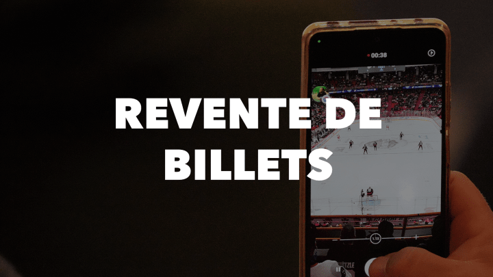 Texte blanc en gras indiquant « revente de billets » avec une photo d'un iPhone prenant une vidéo d'une patinoire en arrière-plan