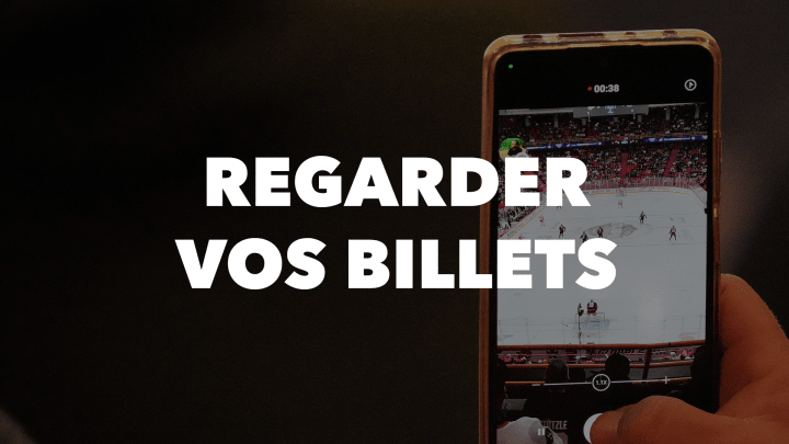 Texte blanc en gras indiquant « regarder vos billets » avec une photo d'un iPhone prenant une vidéo d'une patinoire en arrière-plan