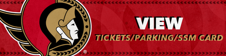 Red background with the words "View Tickets/Parking/SSM Card" in white and gold beside a large Ottawa Senators logo.