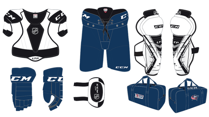 Photo of digital mockup of white and blue hockey equipment. Pads, gloves, pants, shin gaurds, and duffel bag on white background.