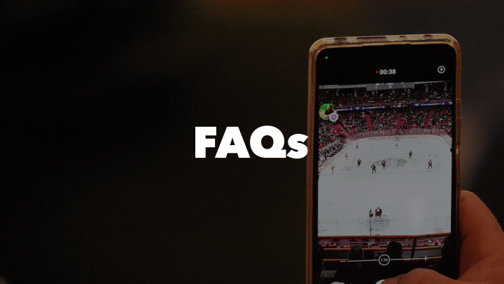 Photo of a phone taking a picture of the ice at an Ottawa Senators game at the Canadian Tire Centre with the words "FAQs" in white letters.