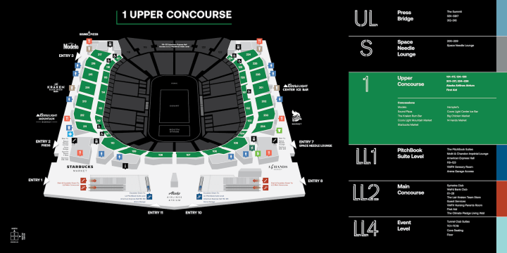 map of climate pledge arena 1 upper concourse highlighting food and beverage options