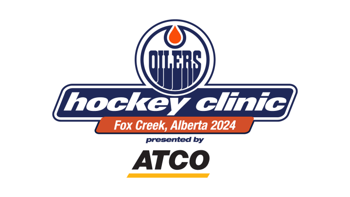 Graphic that reads: Oilers Hockey Clinic in Fox Creek, Alberta 2024 presented by ATCO