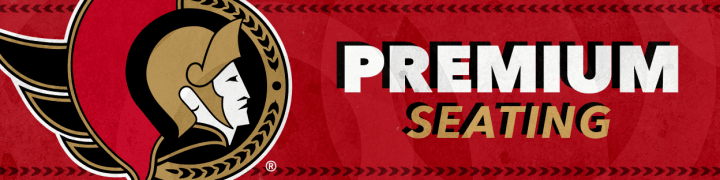 Red background with the words "Premium Seating" in white and gold beside a large Ottawa Senators logo.