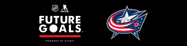 Black header with Blue Jackets primary logo to the right. NHL and NHLPA Future Goals logo, powered by Everfi is to the left.