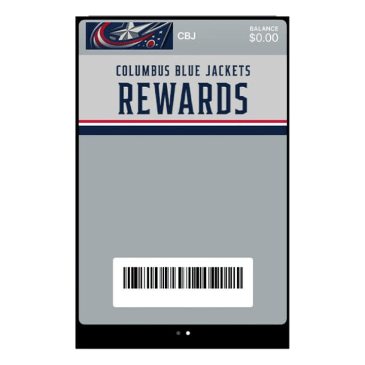 Screenshot of Blue Jackets Rewards digital card page. Grey graphic with large blue text reading Columbus Blue Jackets Rewards. Card Balance amount in small white text at top right of screen. Barcode to scan is at bottom of the screen.
