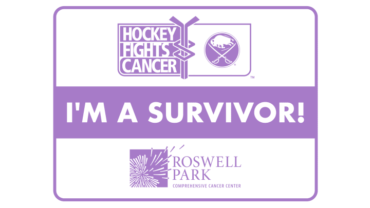 Hockey Fights Cancer placard with the text 'I'm a survivor'