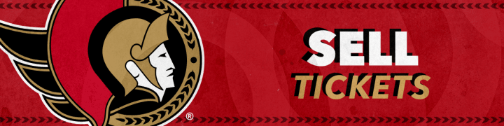 Red background with the words "Sell Tickets" in white and gold beside a large Ottawa Senators logo.