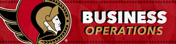 Red background with the words "Business Operations" in white and gold beside a large Ottawa Senators logo.