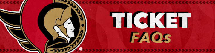 Red background with the words "Ticket FAQs" in white and gold beside a large Ottawa Senators logo.