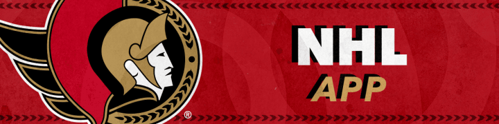 Red background with the words "NHL App" in white and gold letters beside a large Ottawa Senators logo.