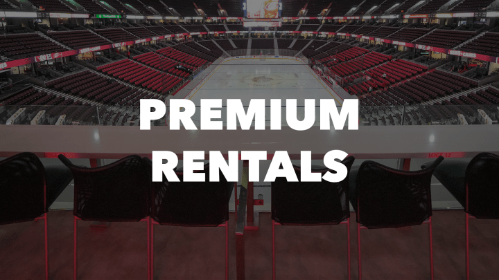 Photo of the ice at the Canadian Tire Centre with the words "Premium Rentals" in white letters.