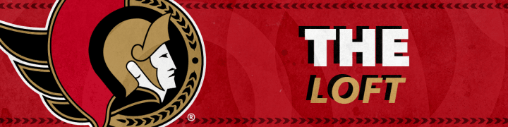 Red background with the words "The Loft" in white and gold beside a large Ottawa Senators logo.