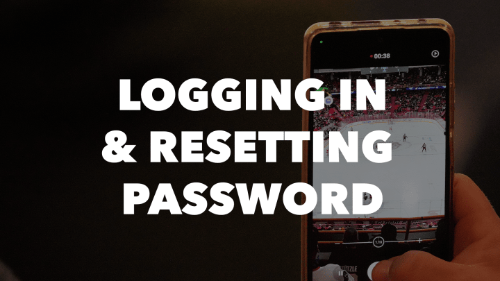 Photo of a phone taking a picture of the ice at an Ottawa Senators game at the Canadian Tire Centre with the words "Logging In & Resetting Password" in white letters.