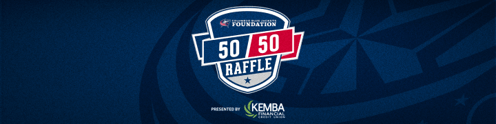 Blue header with Blue Jackets foundation fifty fifty raffle logo, presented by Kemba Financial.