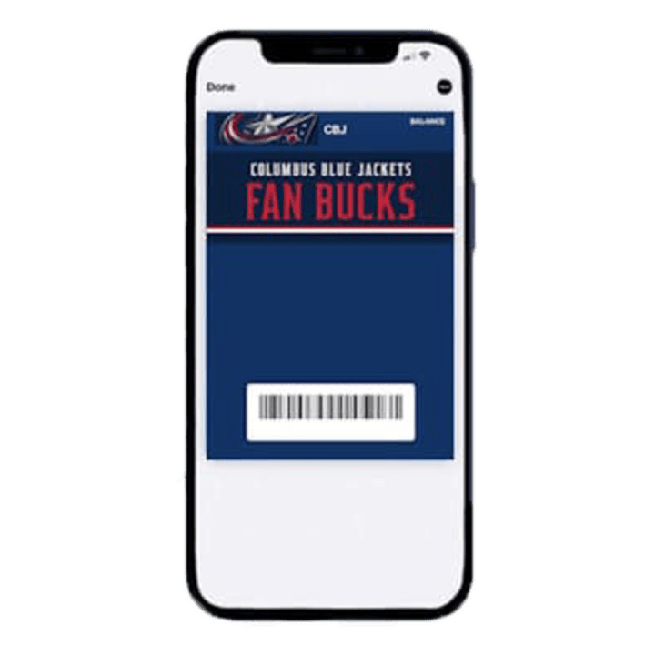 Screenshot of Columbus Blue Jackets Fan Bucks mobile card page. Blue graphic with large white and red text at top reads Columbus Blue Jackets Fan Bucks. Barcode to scan card is at the bottom of the graphic.