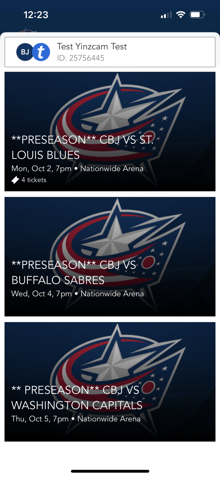 Screenshot of Blue Jackets App View Tickets page. Blue Jackets primary logo on blue box with white text overlay reading **Preseason** CBJ vs St. Louis Blues. Mon, Oct 2, 7pm. Nationwide Arena. Second Blue Jackets primary logo on blue box below with white text overlay reading **Preseason** CBJ vs Buffalo Sabres. Wed, Oct 4, 7pm. Nationwide Arena. Third Blue Jackets primary logo on blue box below with white text overlay reading **Preseason** CBJ vs Washington Capitals. Thu, Oct 5, 7pm. Nationwide Arena.