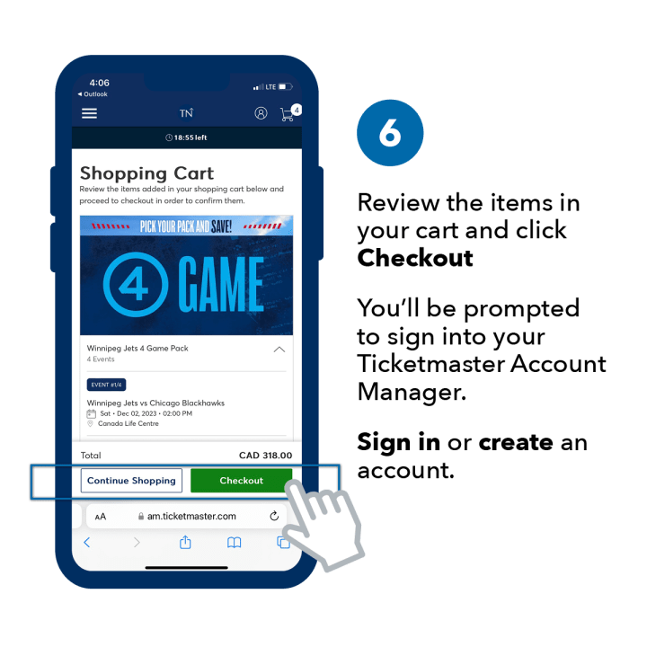 Step 6. Review the items in your cart and click Checkout. You'll be prompted to sign into your Ticketmaster Account Manager. Sign in or create an account.