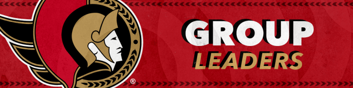 Red background with the words "Group Leaders" in white and gold beside a large Ottawa Senators logo.