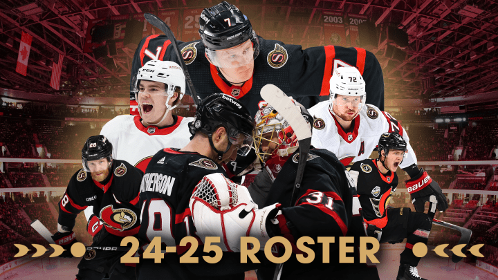 Image of Brady Tkachuk, Ridly Greig, Thomas Chabot, Claude Giroux, Drake Batherson, Anton Forsberg, and Tim Stützle above the words "2024-25 Roster" in gold letters.