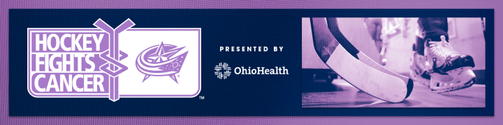 Blue header with lavender border. Hockey Fights Cancer logo is set to the left with presented by OhioHealth in the center. A photo of players' skates and sticks with a purple overlay is to the right.