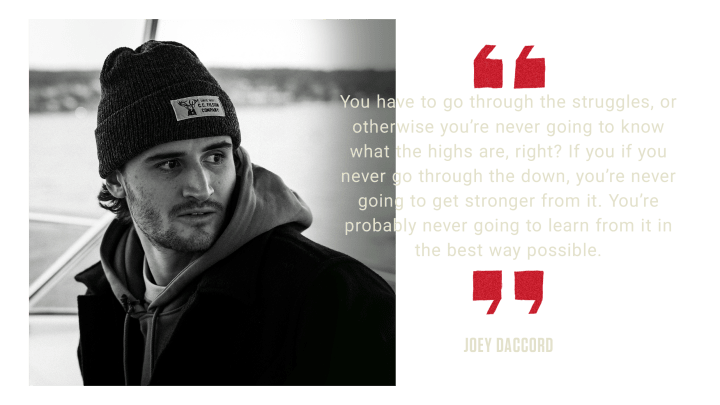 a black and white photo of joey daccord wearing a beanie with a quote overlayed